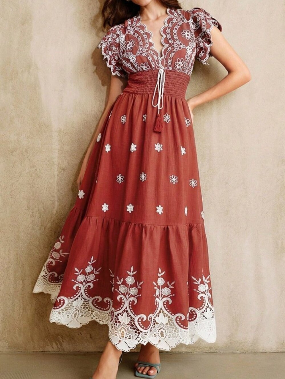 Red Boho Women's Embroidered Lace V-Neck Short Sleeve Cinched Maxi Dress - Picture 7 of 7